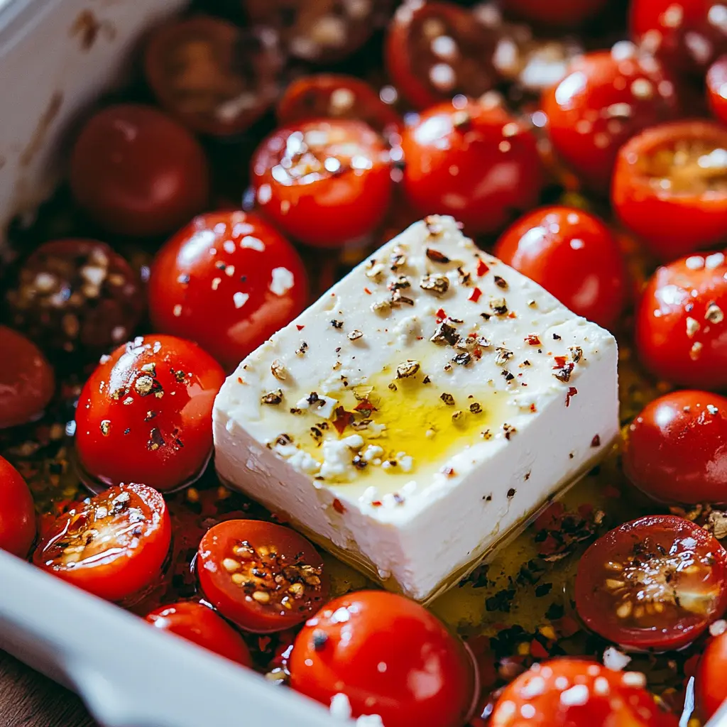 Tomatoes and feta in a baking dish ready for roasting