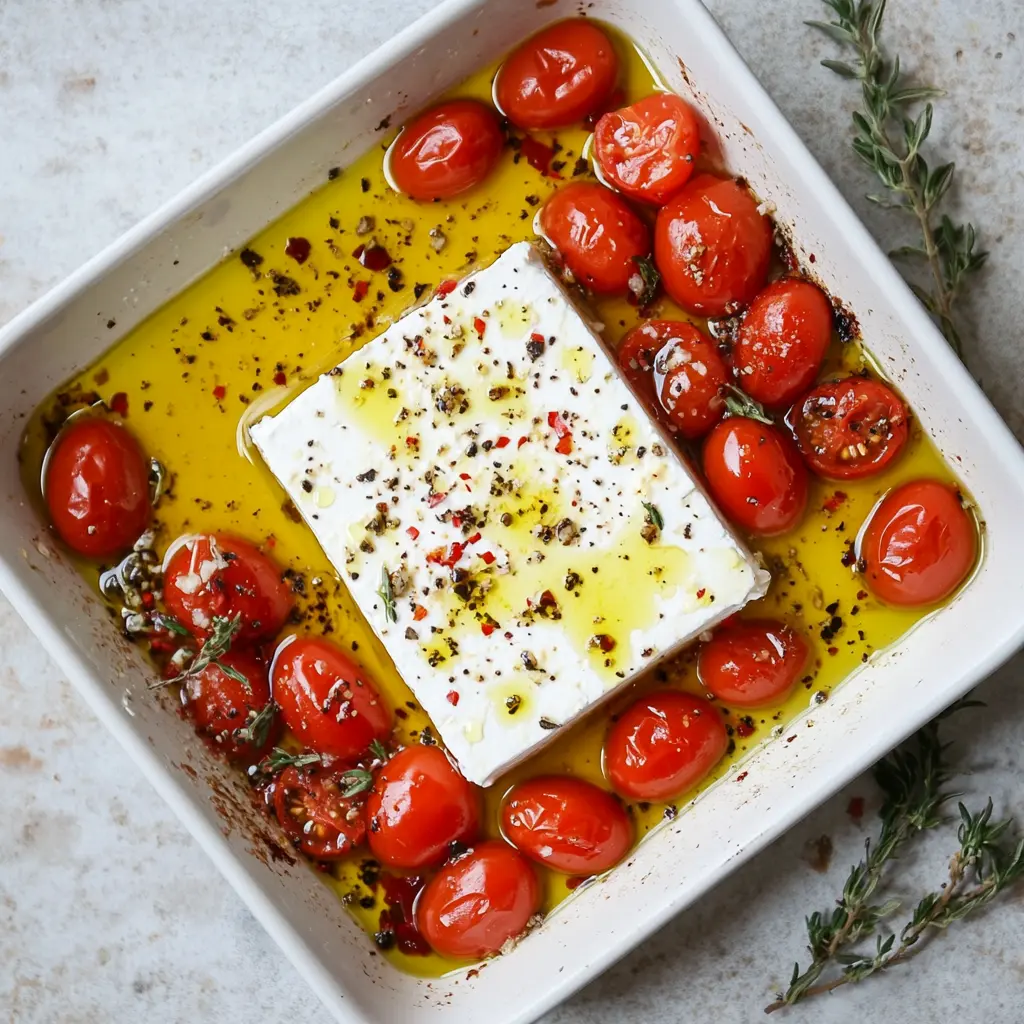 Feta cheese and cherry tomatoes arranged in a baking dish. How long to bake feta pasta