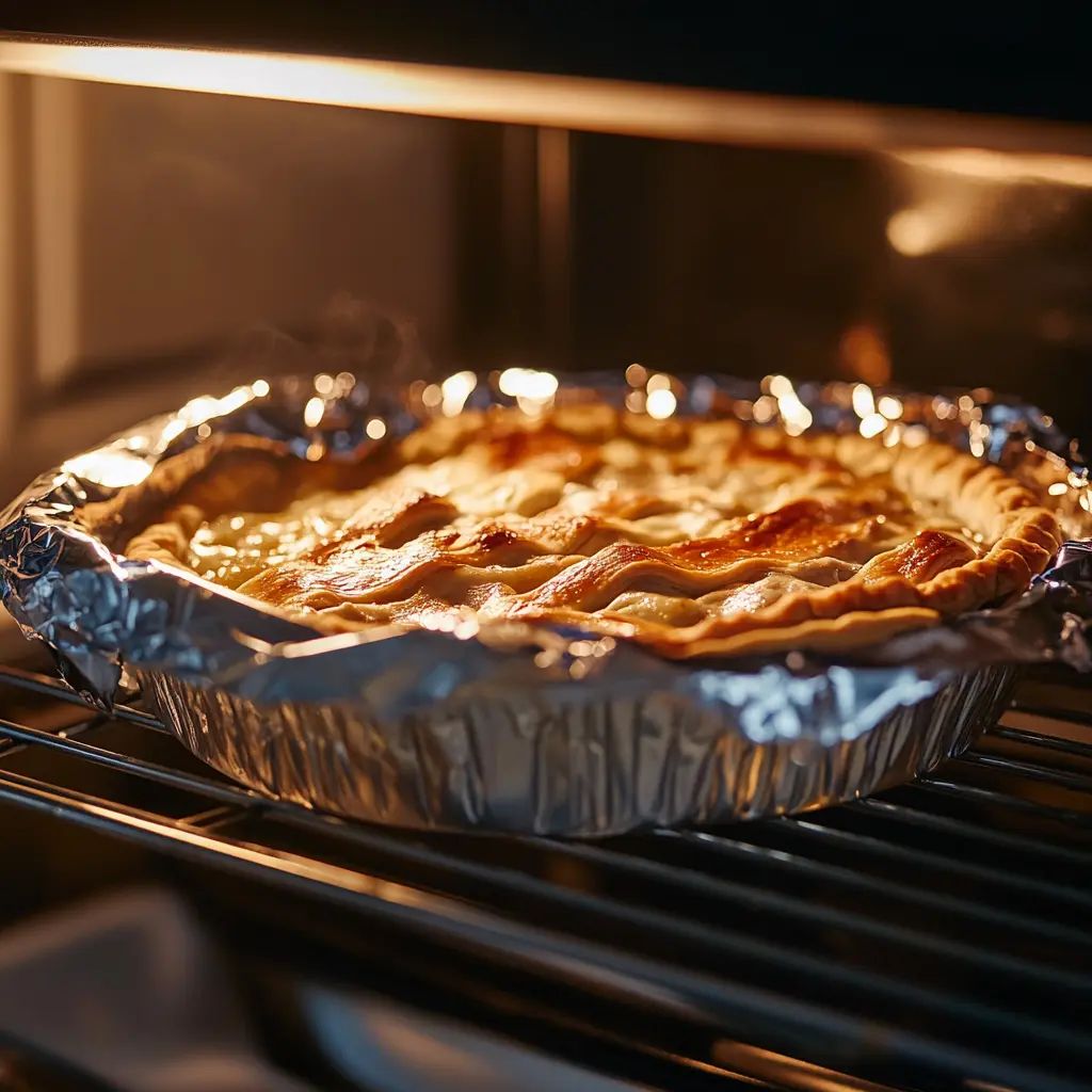 A chicken pot pie with golden edges protected by foil