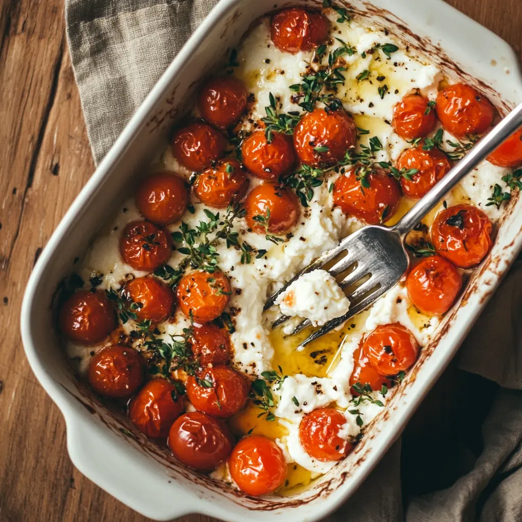  A fork mashing roasted crumbled feta and tomatoes in a baking dish