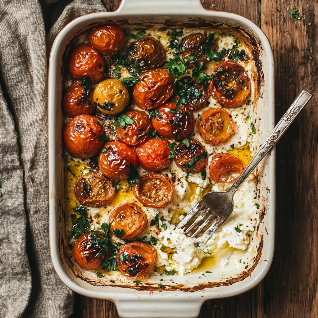 A fork mashing roasted crumbled feta and tomatoes in a baking dish