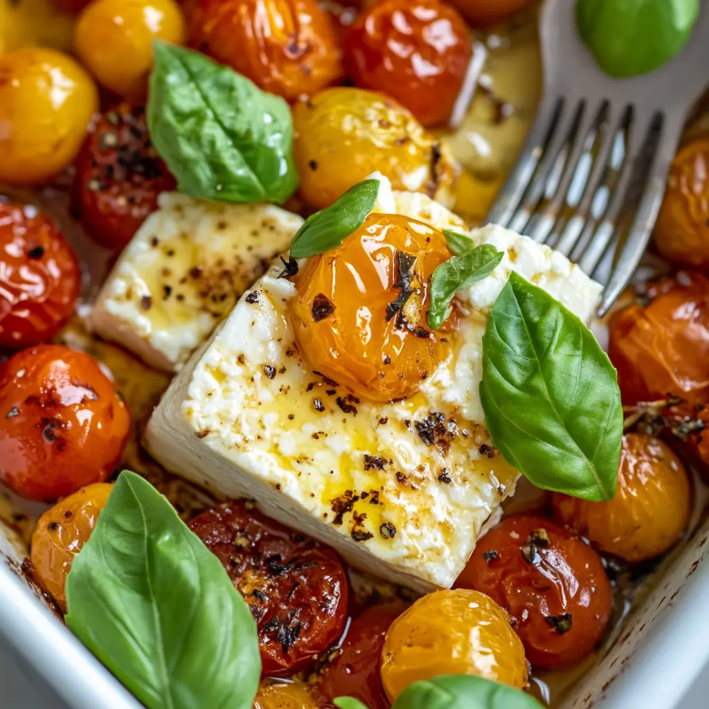 Roasted feta cheese and tomatoes fresh out of the oven