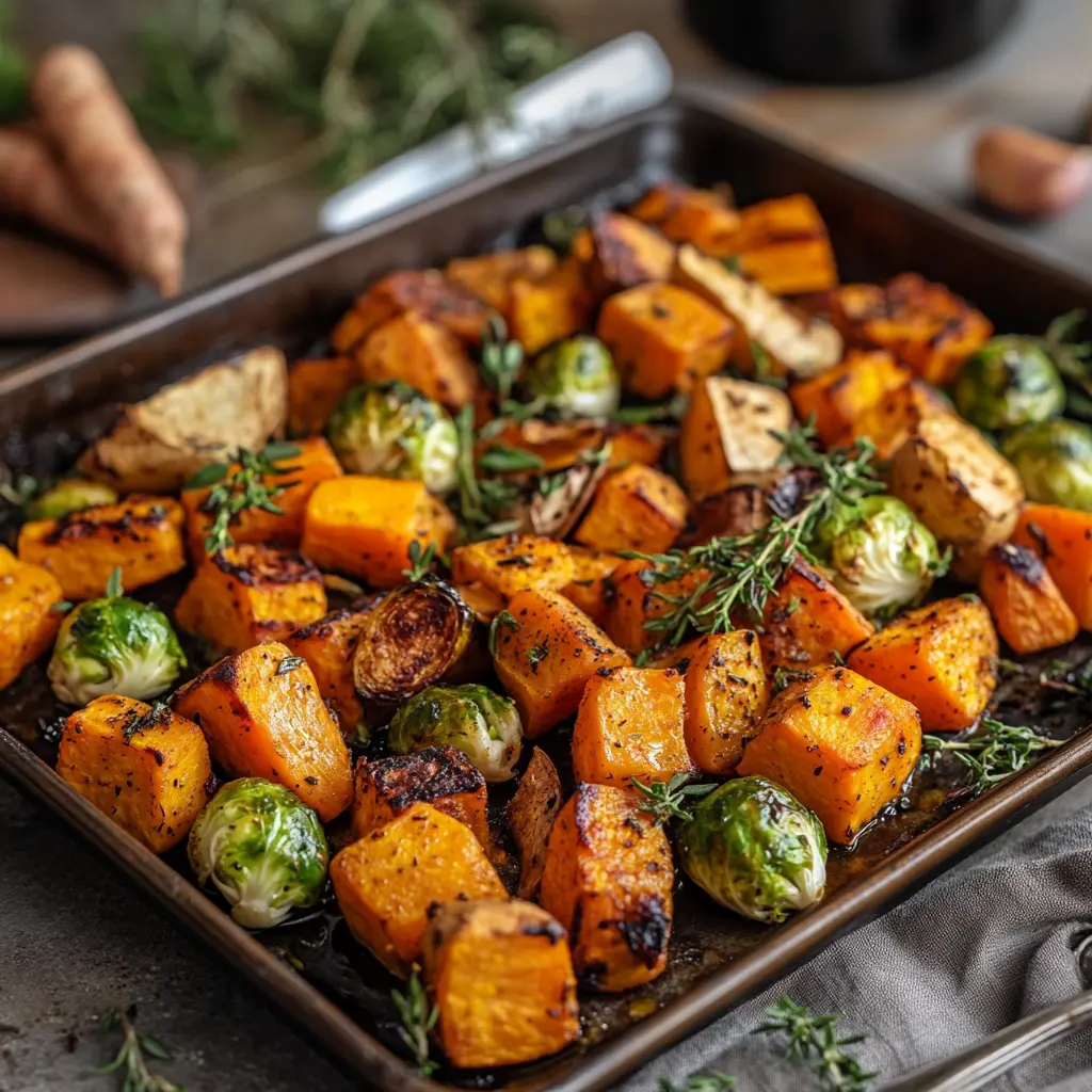 Roasted vegetables including carrots, Brussels sprouts, and sweet potatoes