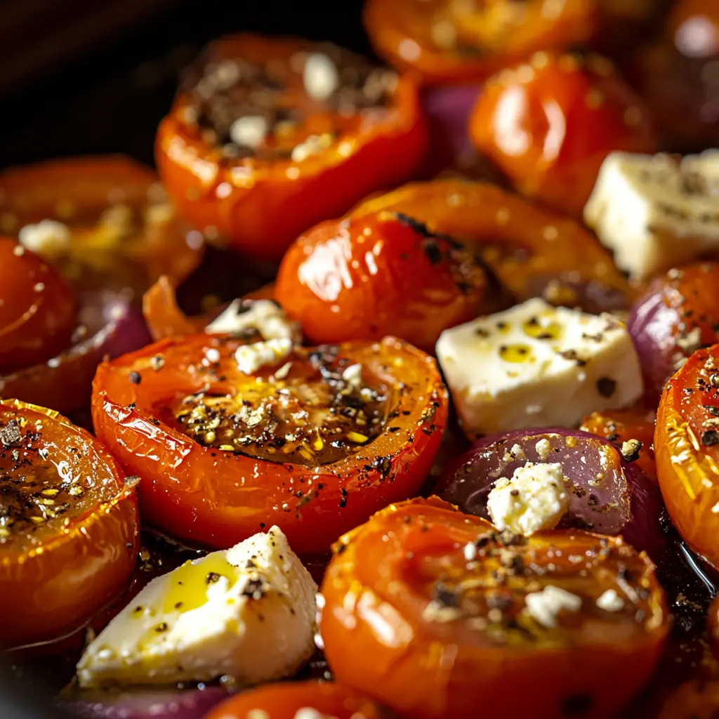 Tomatoes and feta roasting in the oven