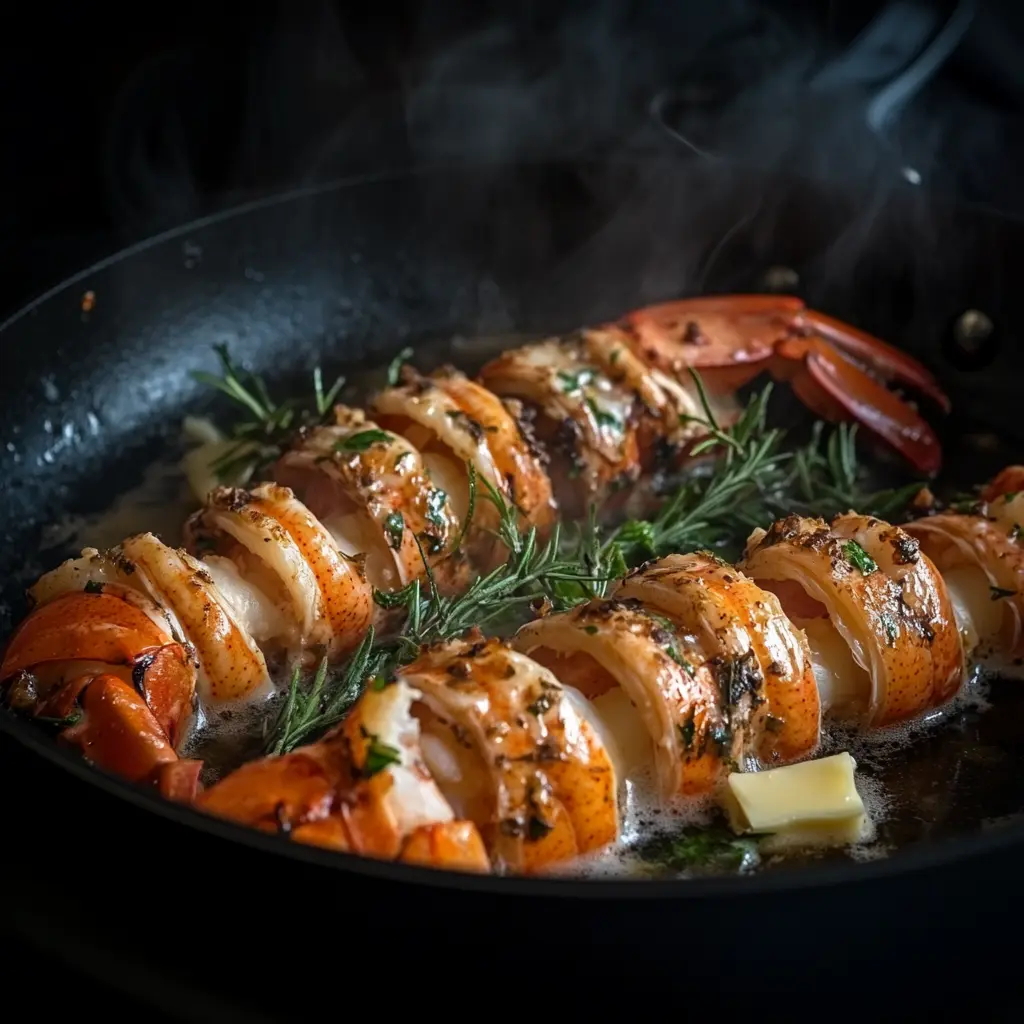 Langoustine tails sizzling in a skillet with garlic and butter