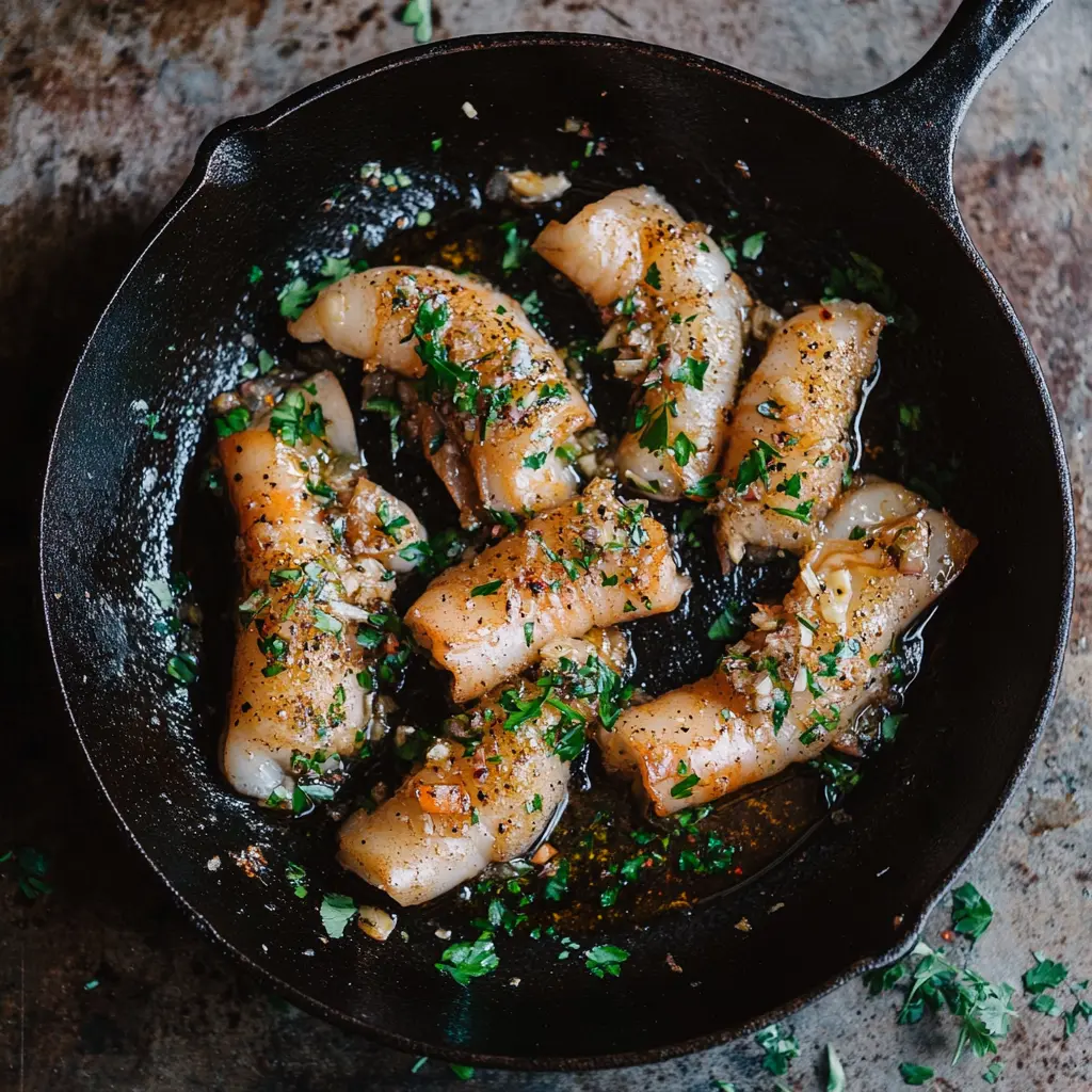 being sautéed in a skillet with garlic and olive oil