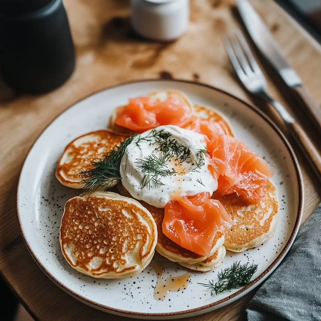 Mini pancakes with smoked salmon and cream cheese