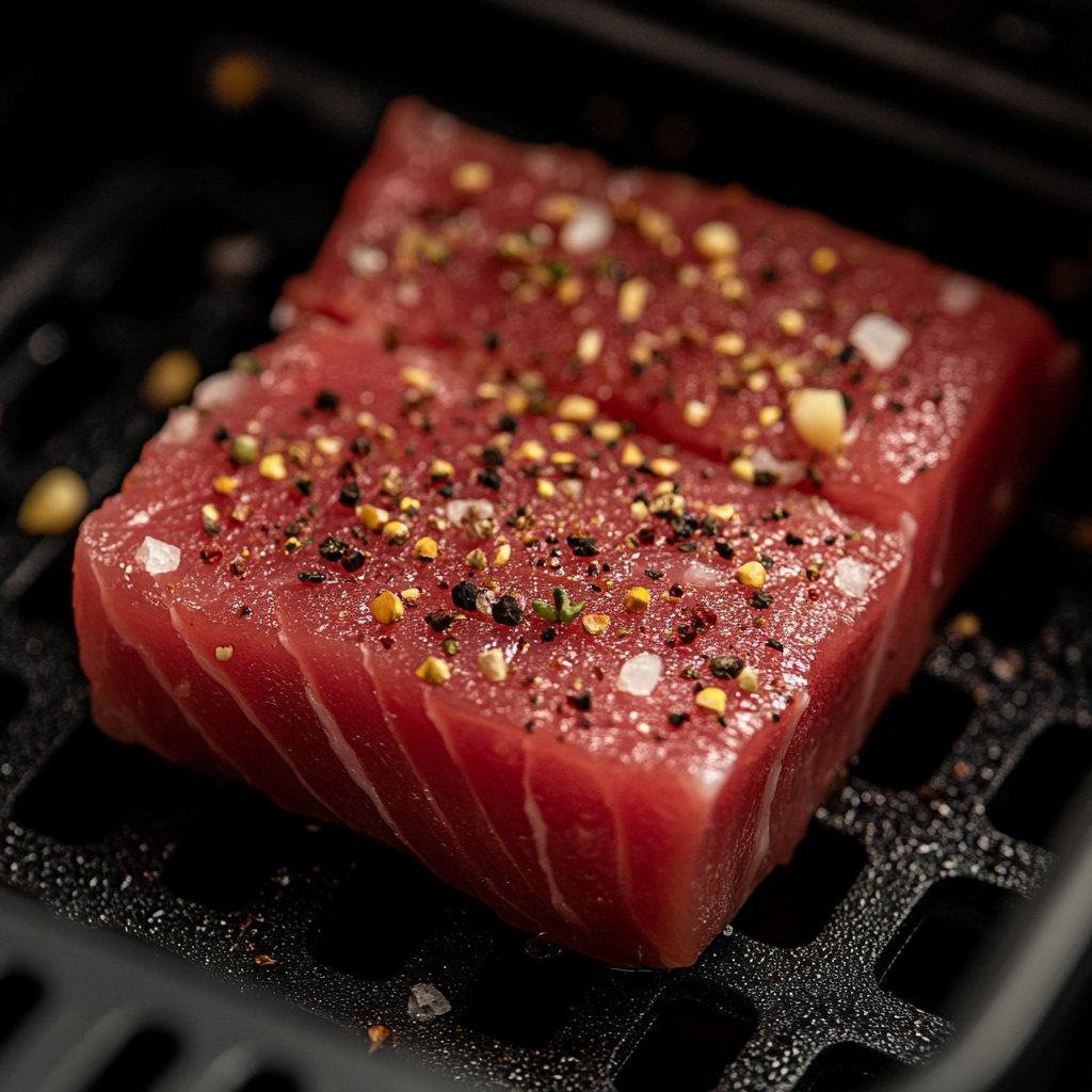 Raw steak seasoned and ready for air frying