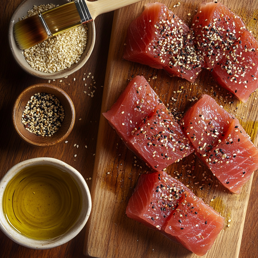 Is Tuna Good in an Air Fryer. Raw tuna steaks being seasoned with olive oil and spices