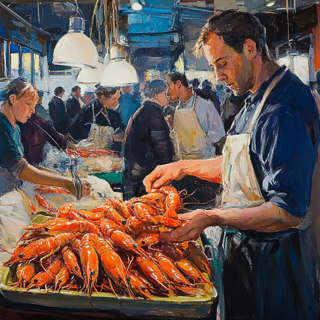 Where to Buy Langoustine? A fishmonger presenting fresh langoustines to customers at a market