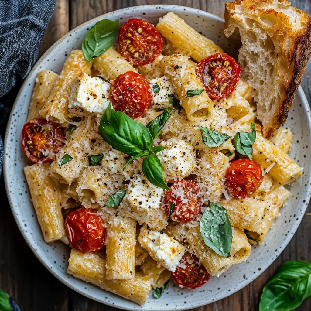 Baked feta pasta plated with fresh garnishes