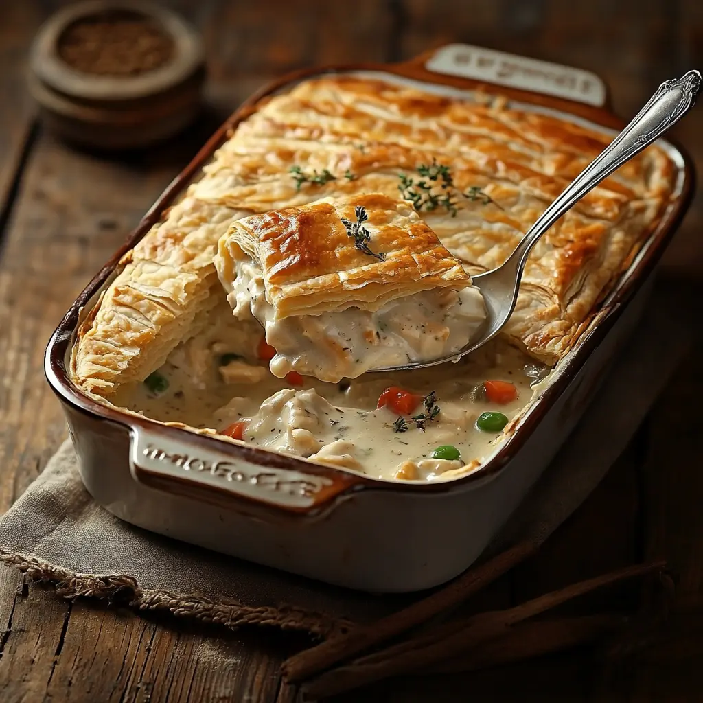 Chicken pot pie with a serving spoon