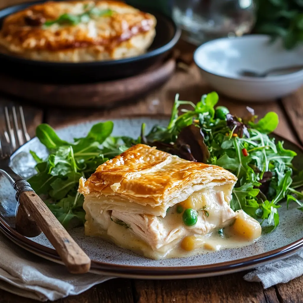 Chicken pot pie served with a green salad and a glass of white wine