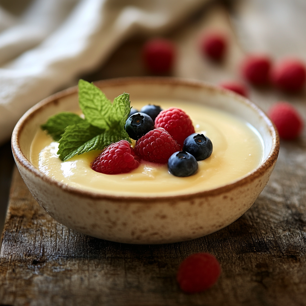 A bowl of creamy custard garnished with fresh berries and mint leaves