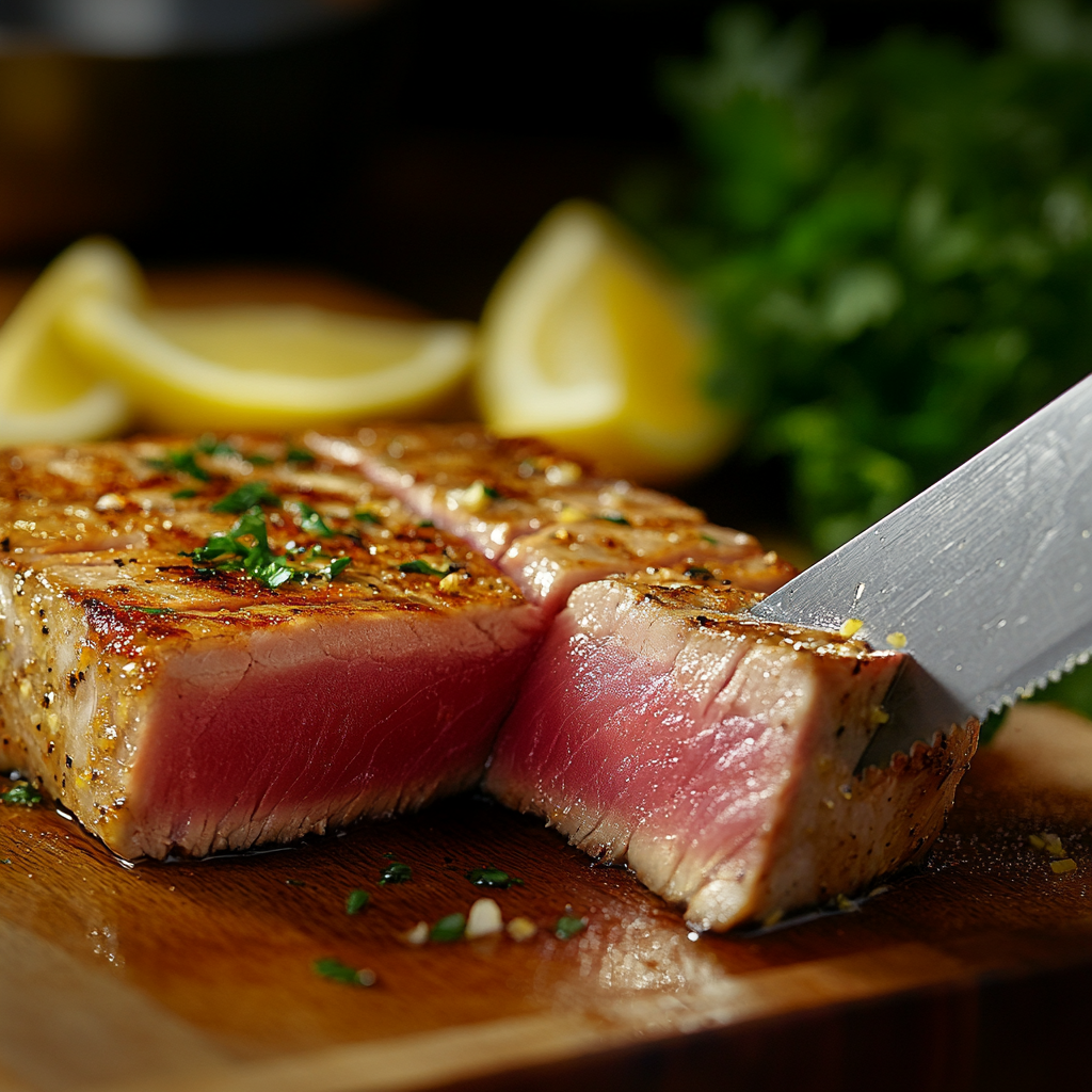 Sliced tuna steak showing a pink center and seared crust