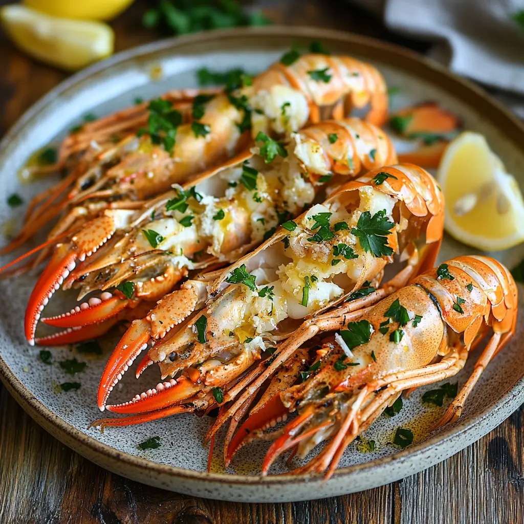 A plate of split langoustines grilled with garlic butter and herbs