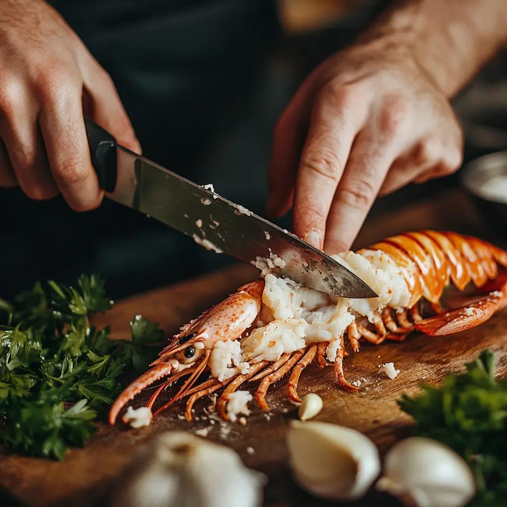 A chef using a sharp knife to split a langoustine down the middle on a cutting board