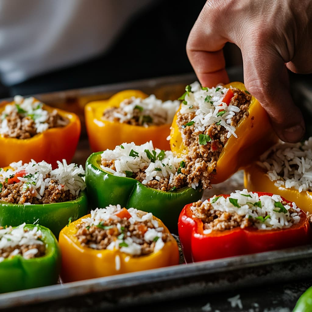 Halved bell peppers being stuffed with taco 