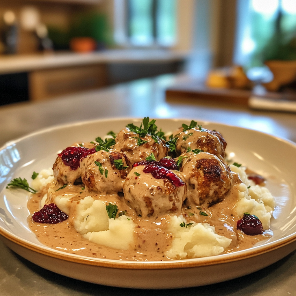 Authentic Swedish meatballs with creamy sauce served on a plate with lingonberry jam and parsley garnish