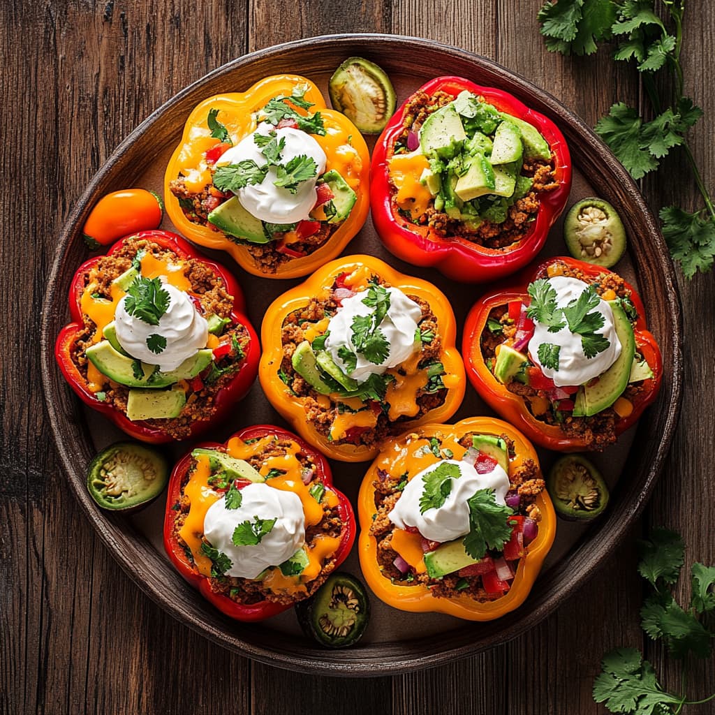 Taco stuffed bell peppers arranged on a plate with toppings