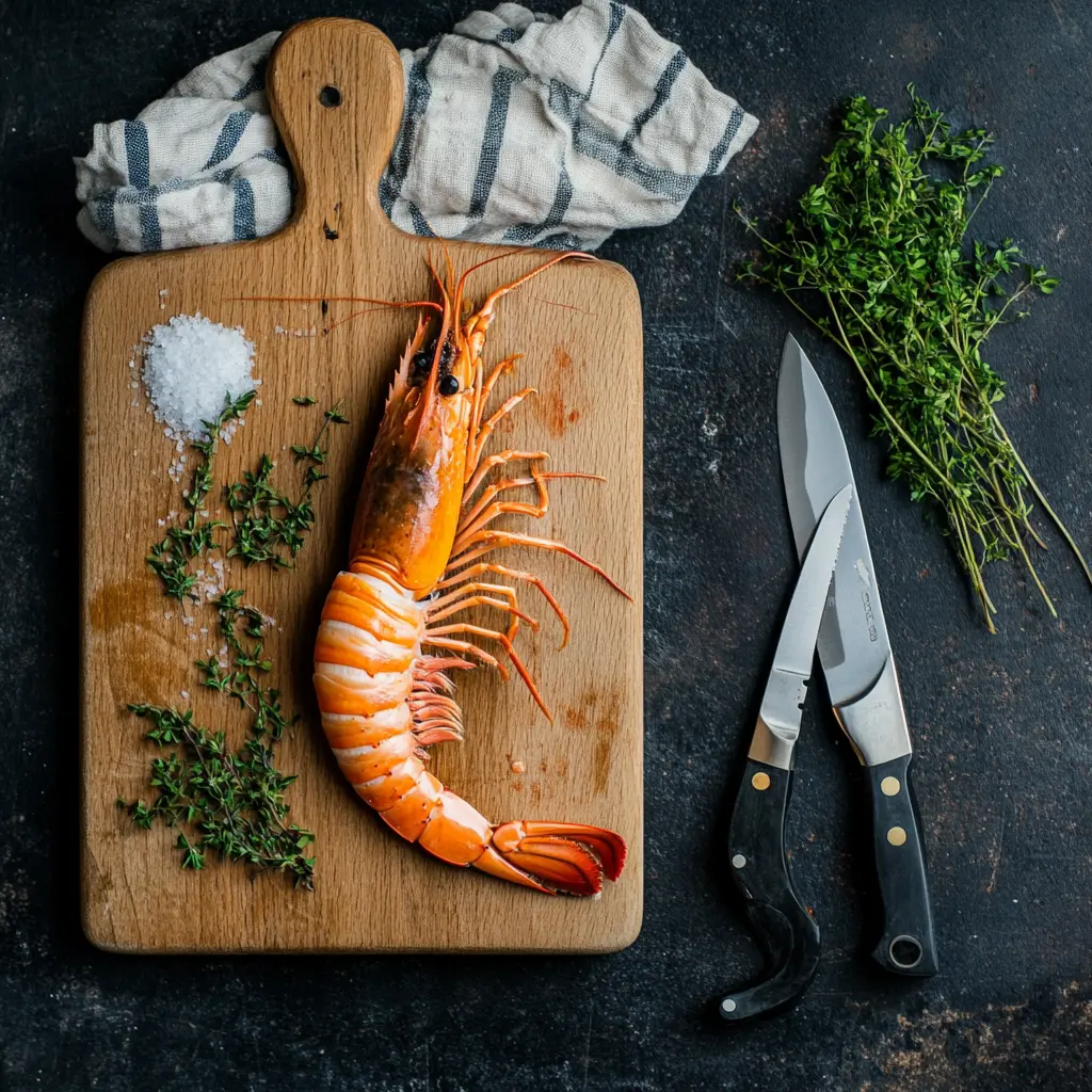 How to Split Langoustines 
sharp chef’s knife, kitchen shears, and a cutting board with a langoustine ready to be split