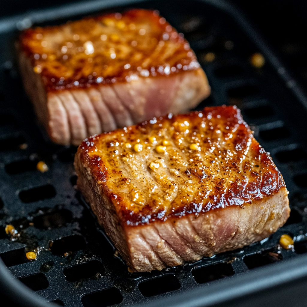 Tuna steaks cooking in the air fryer basket