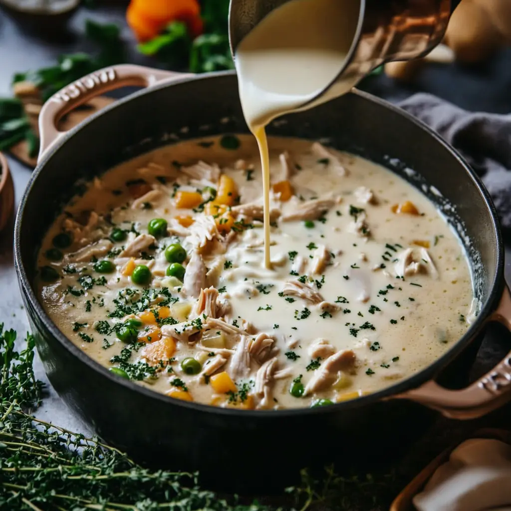 Pouring cream into a pot of chicken and vegetable filling