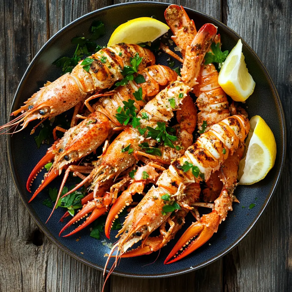 A plate of grilled langoustines garnished with parsley and lemon wedges