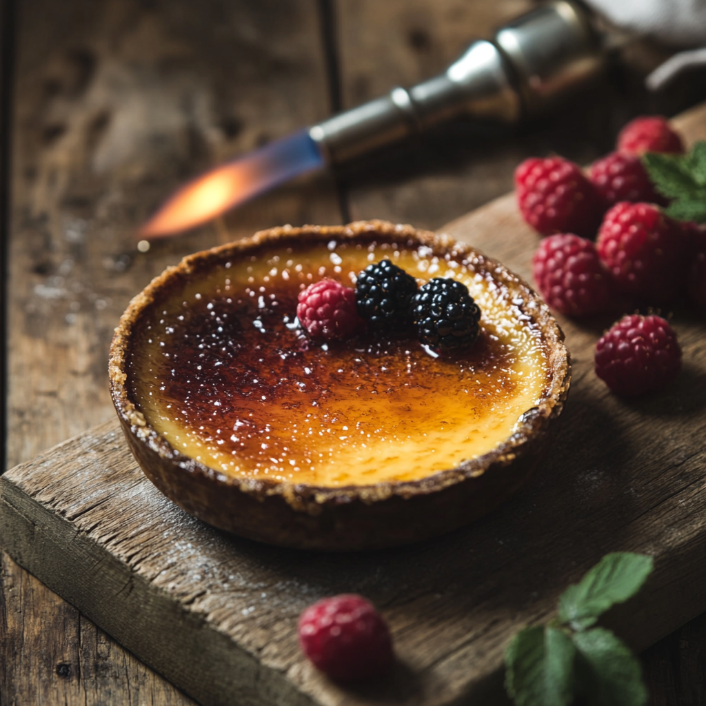 A freshly caramelized crème brûlée with a crisp, golden crust and creamy custard base