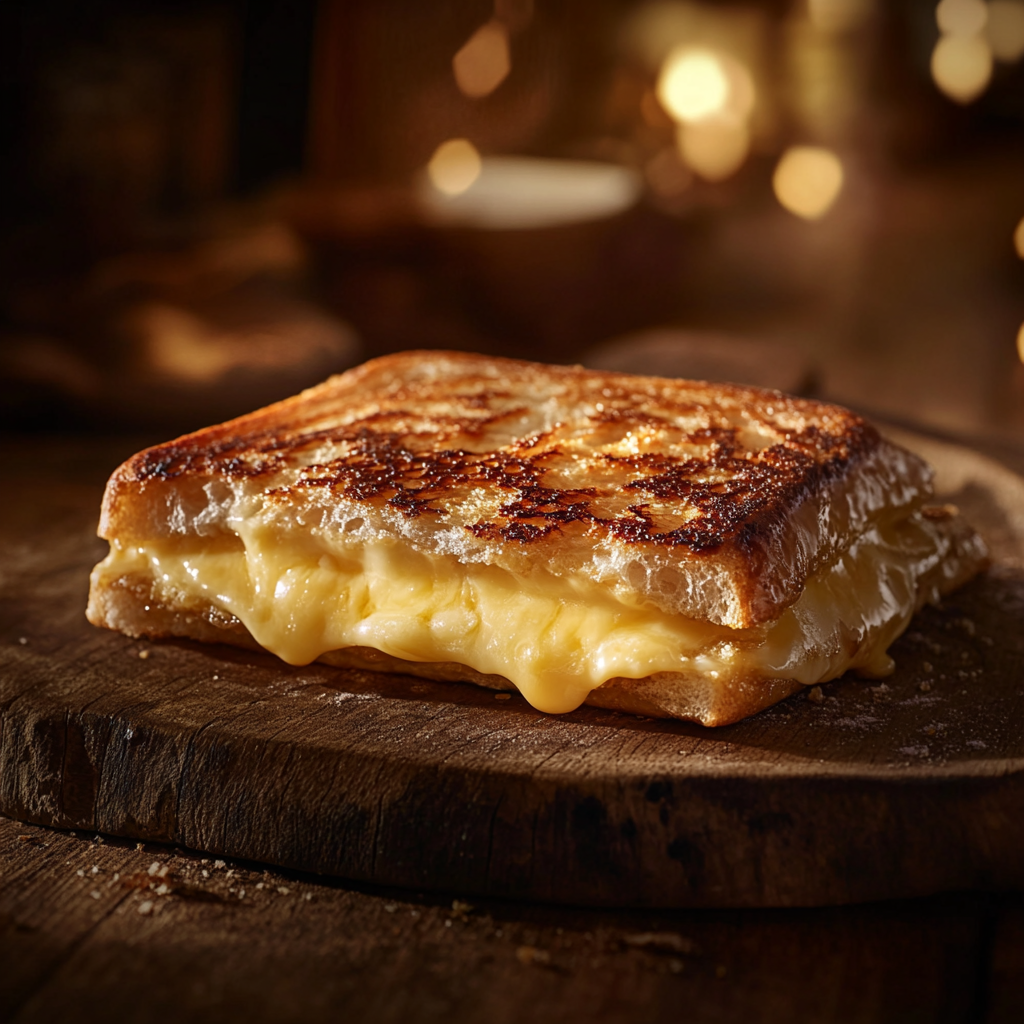 A grilled cheese sandwich on a plate with melted cheese oozing out