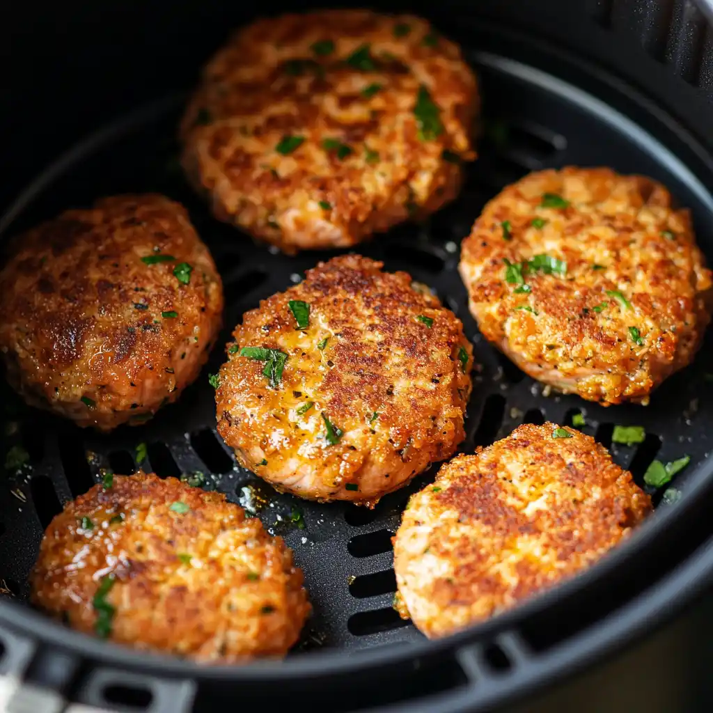 Salmon patties cooking in an air fryer with a golden crust