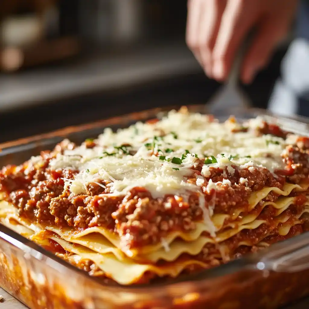 A baking dish showing layers of lasagna sheets, meat sauce, and cheese