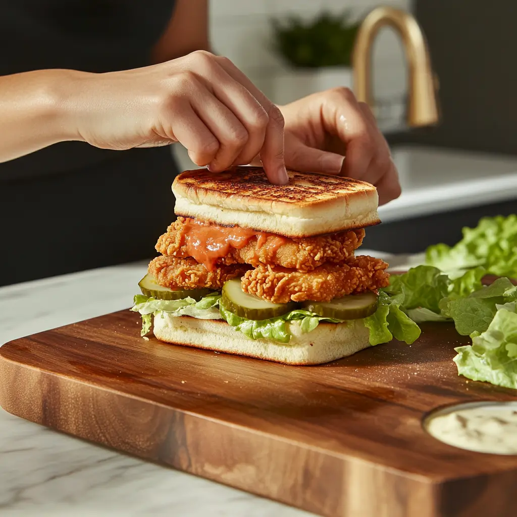 A crispy chicken sandwich being assembled with fresh toppings