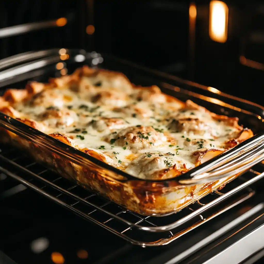 Lasagna baking in the oven, covered with foil