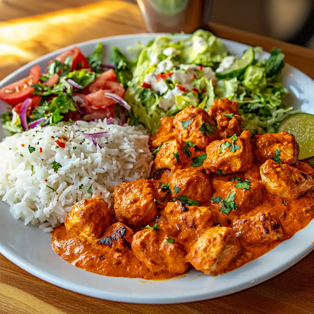 A balanced meal of chicken tikka masala with salad and rice