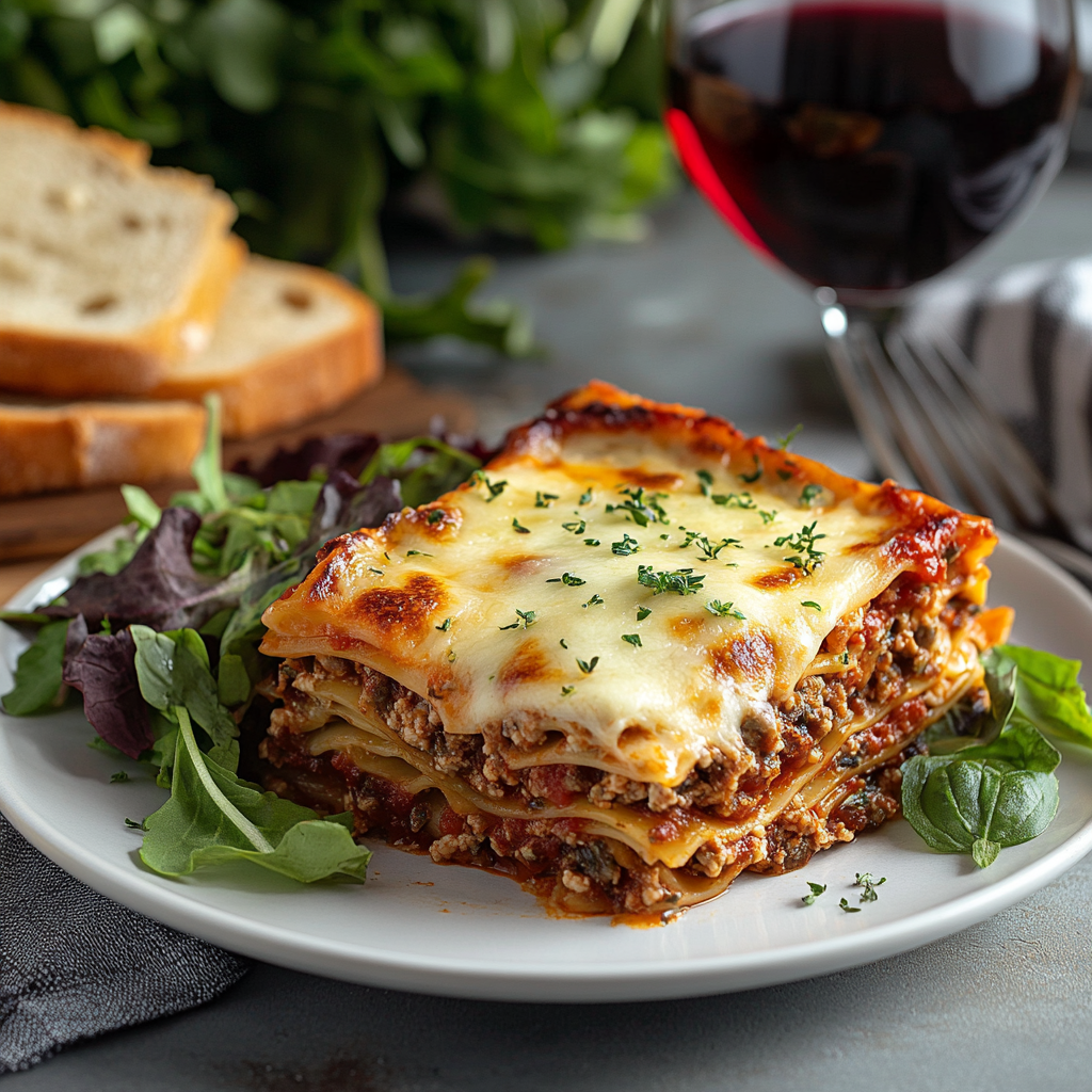 A slice of Barilla lasagna served with a side of Caesar salad