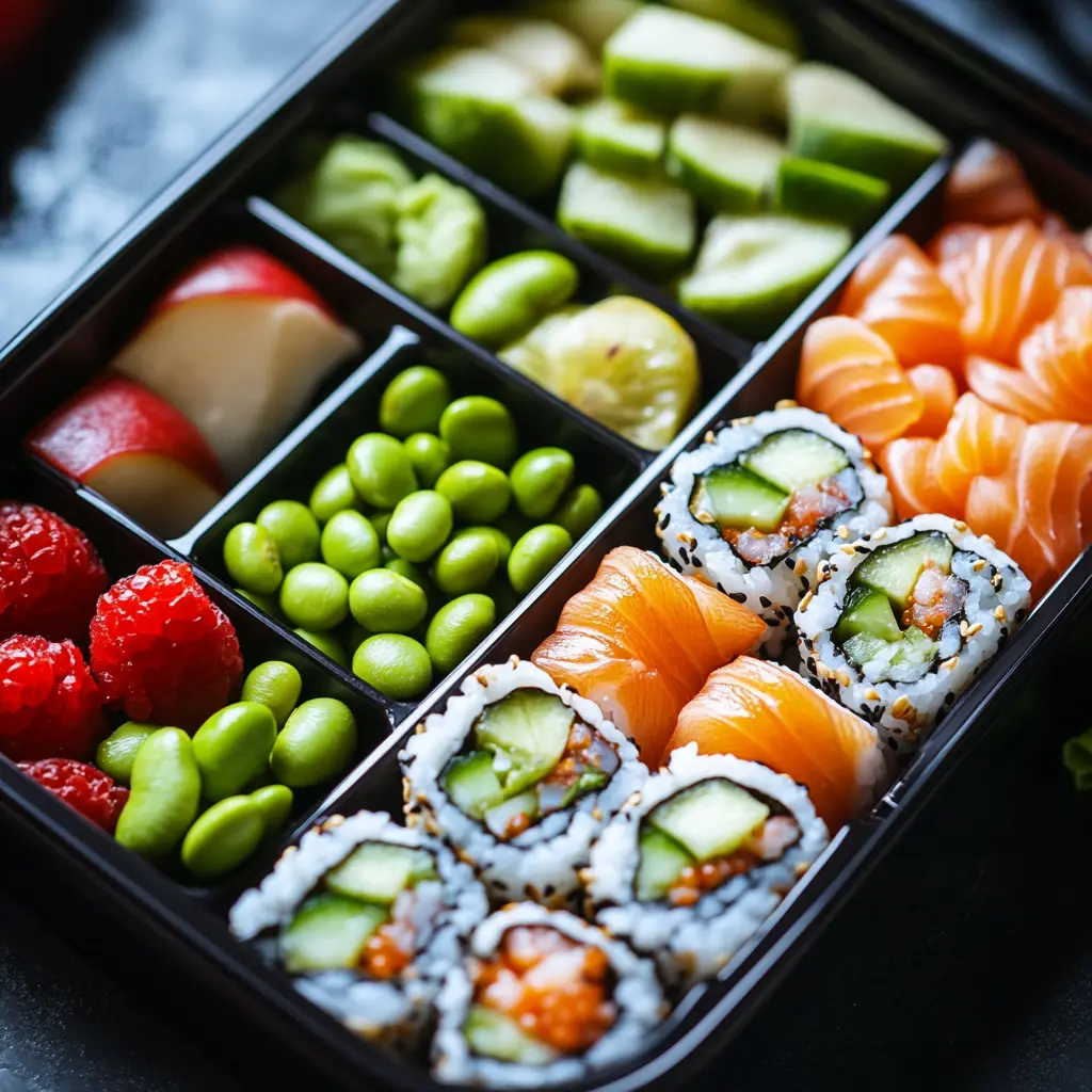 An Asian-inspired bento box lunch with sushi, edamame, and fruit