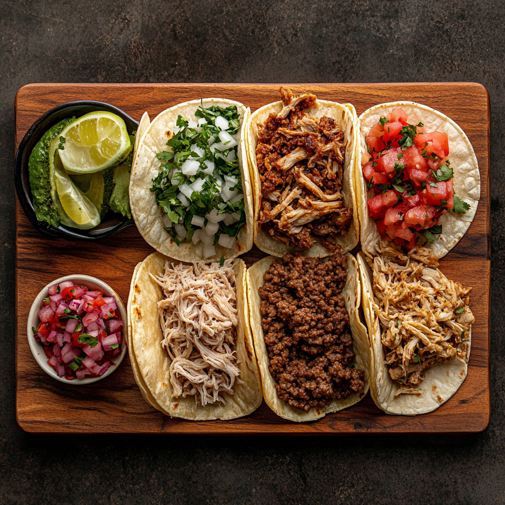 Different meats used in tacos, including beef, chicken,