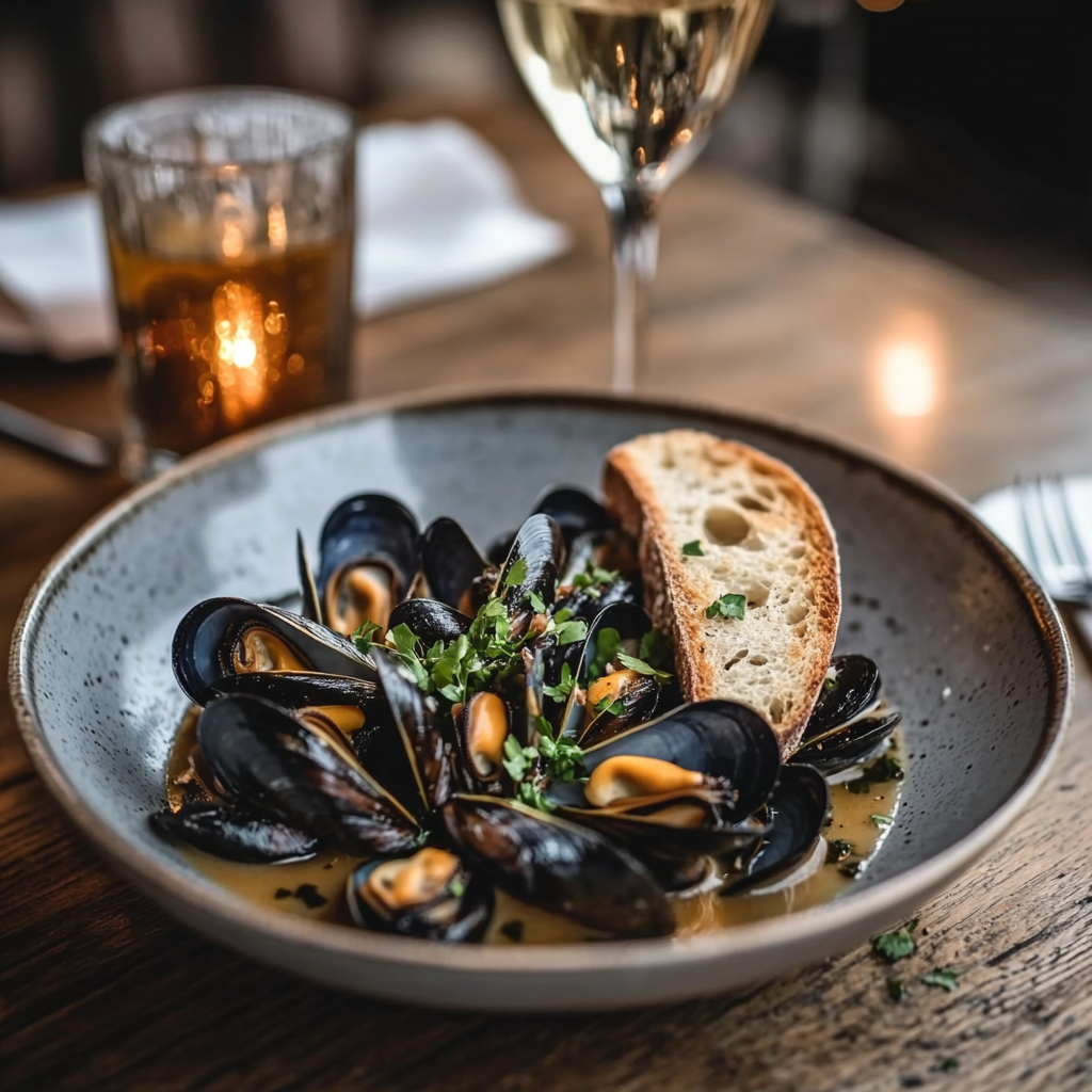 How to Cook Mussels. Mussels served with crusty bread and a glass of white wine