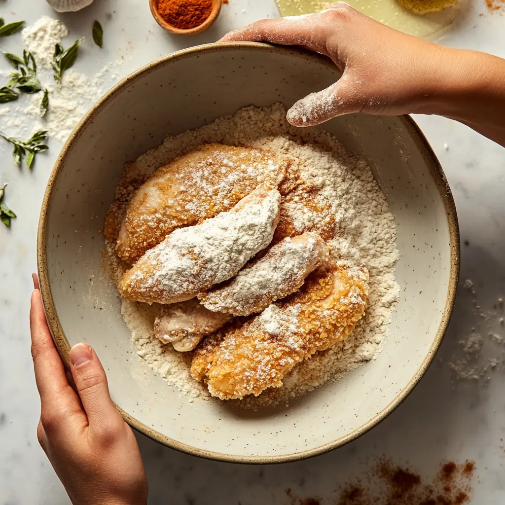 how to make a crispy chicken sandwich 
Chicken being breaded in a seasoned flour mixture