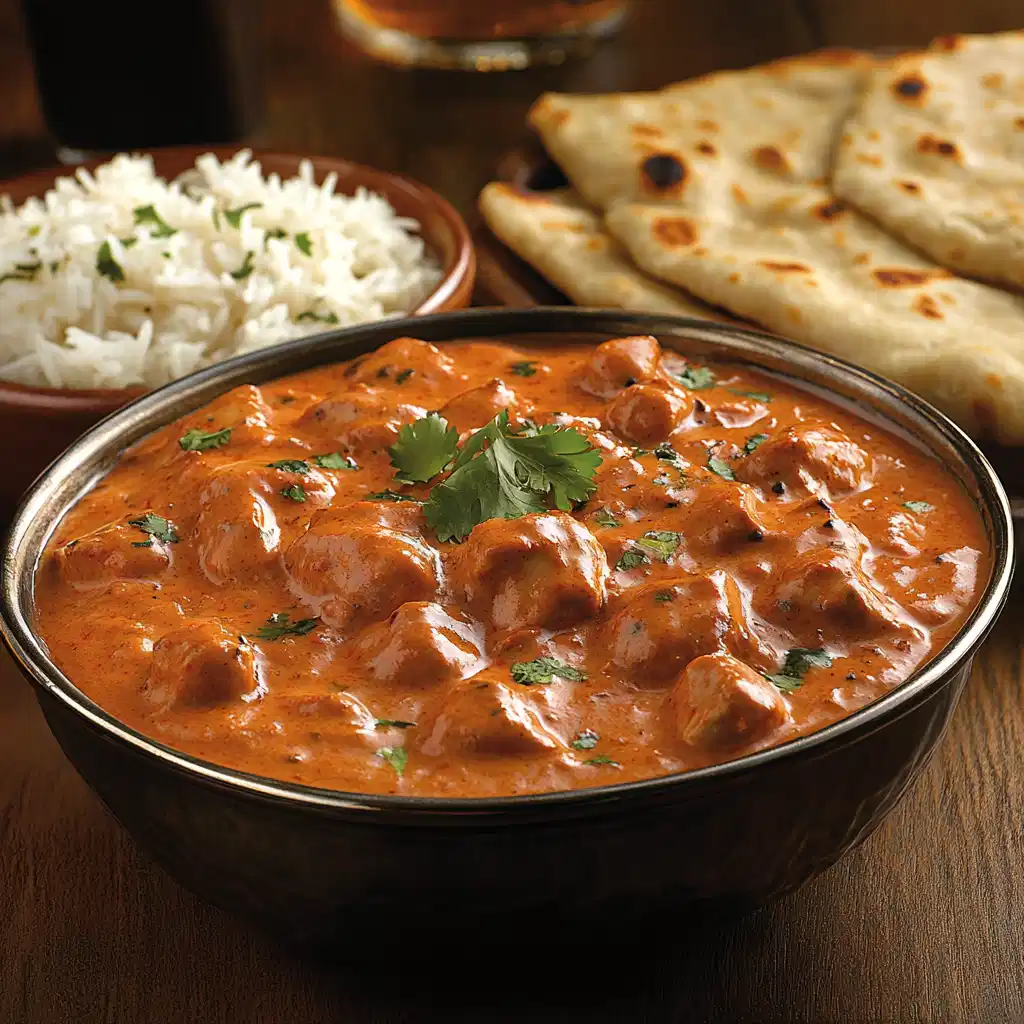 A bowl of chicken tikka masala served with rice and naan