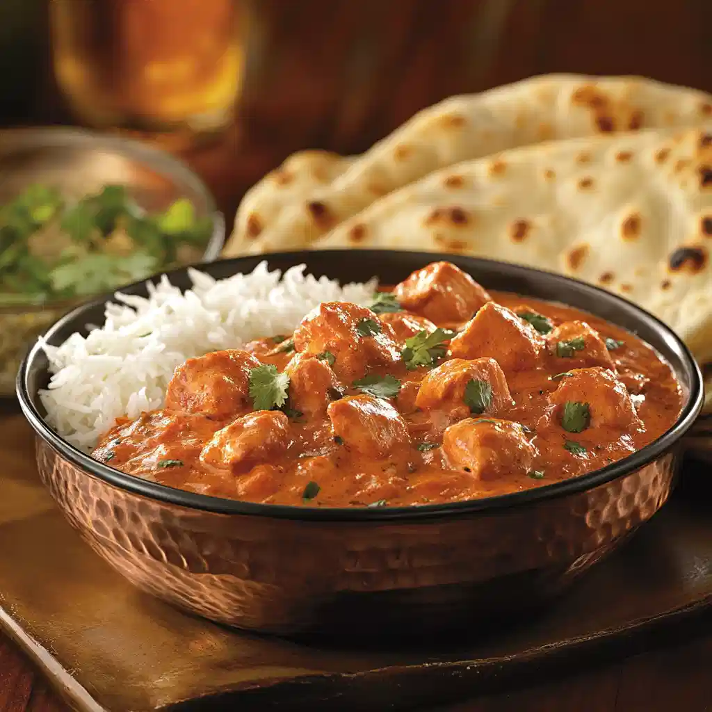 A plate of chicken tikka masala served with rice and naan