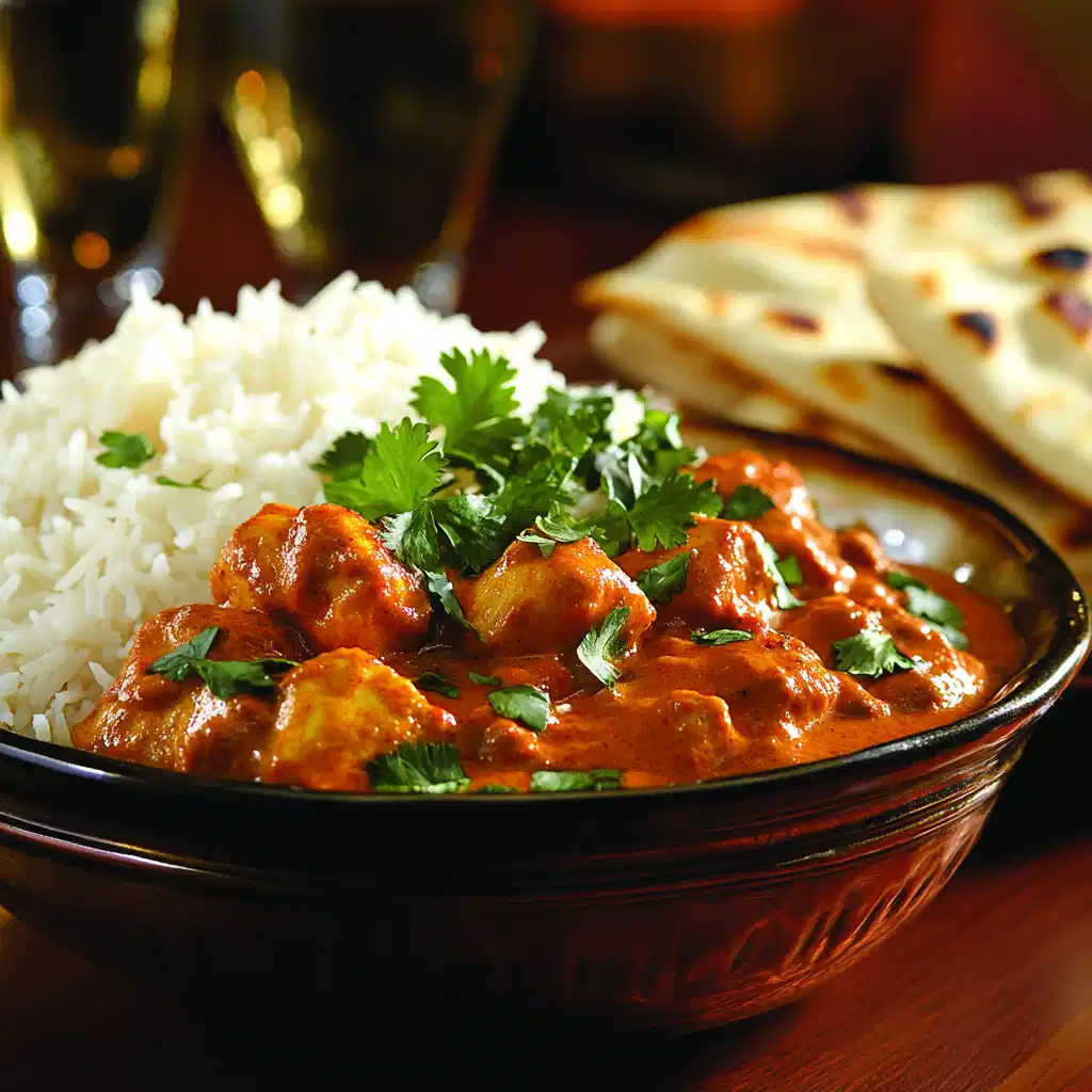 A bowl of chicken tikka masala served with rice and naan