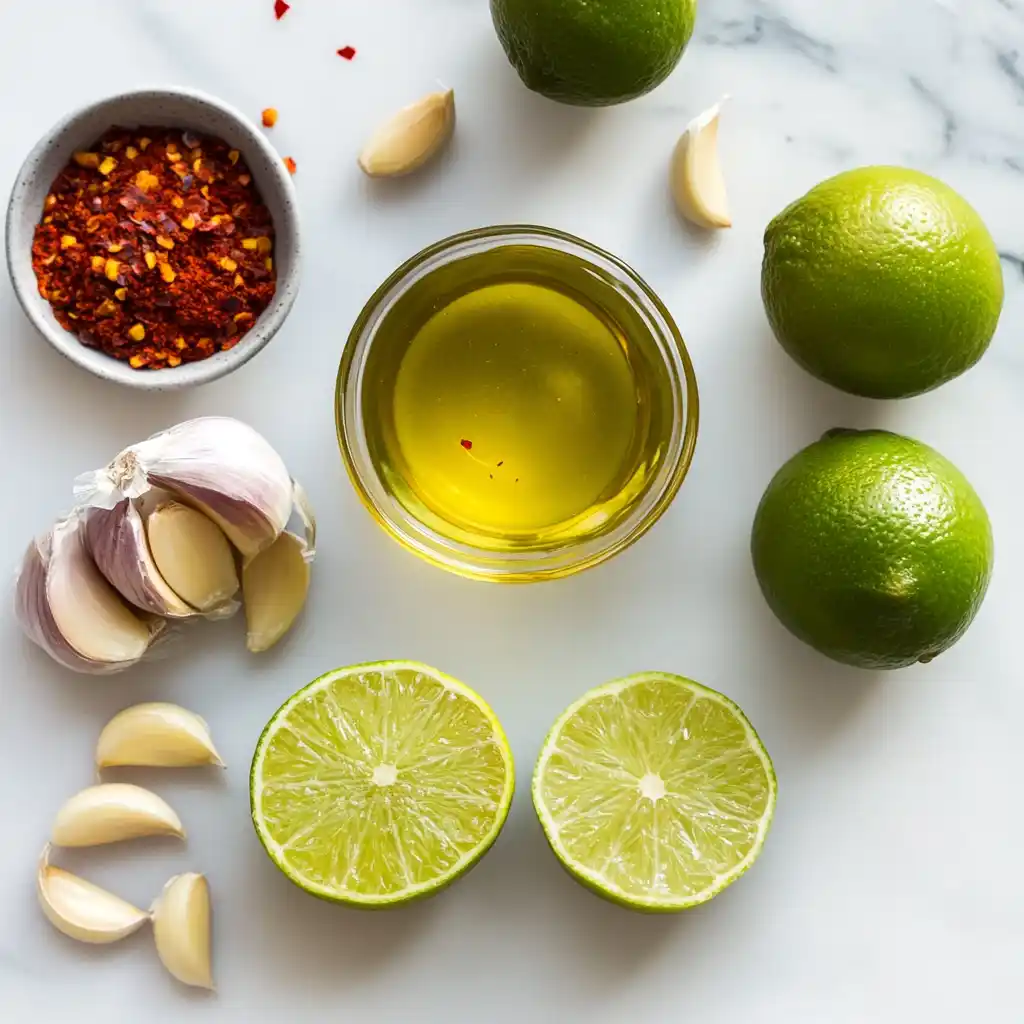 5-Minute Zesty Chili Lime Marinade
Flat lay of chili lime marinade ingredients, including limes, chili powder, garlic, and olive oil