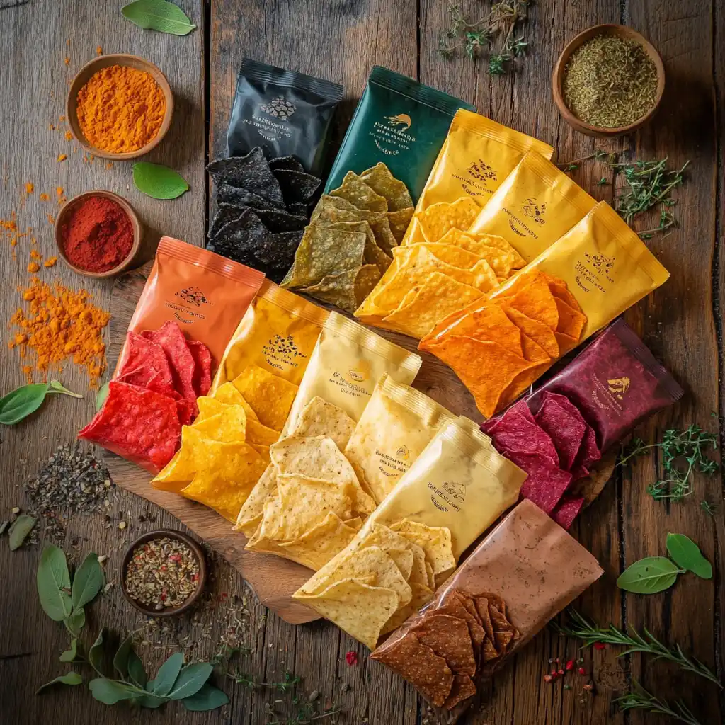 A variety of protein chips in colorful packaging displayed on a table