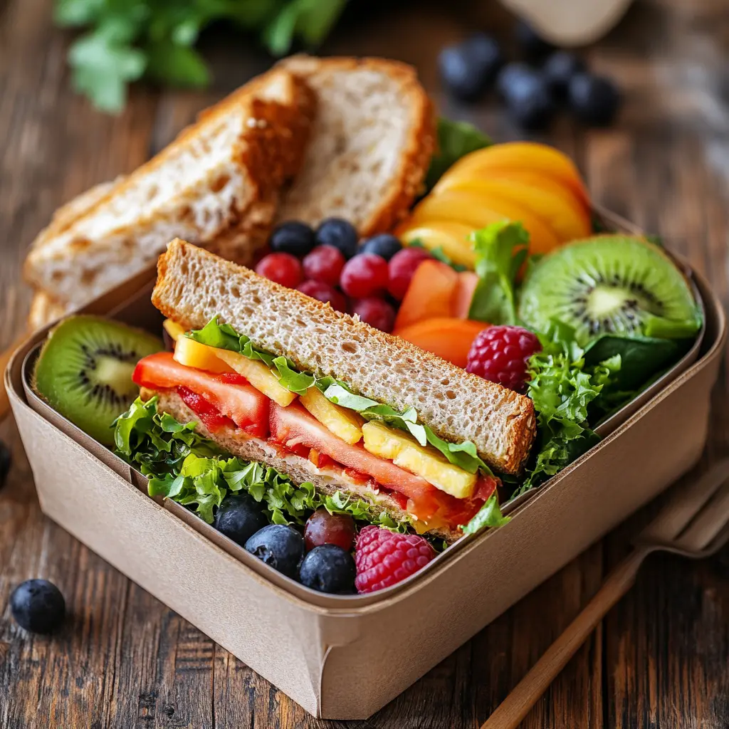 A box lunch with a sandwich, fresh fruit, and salad in a divided container