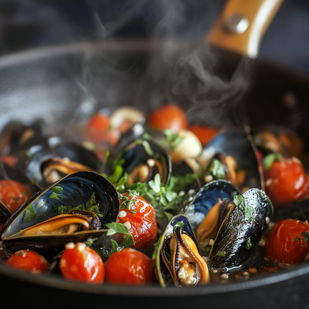 Mussels cooking in a large pot with white wine and cherry tomatoes