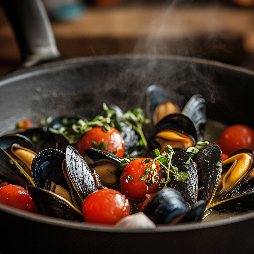 Mussels cooking in a large pot with white wine, garlic, and tomatoes