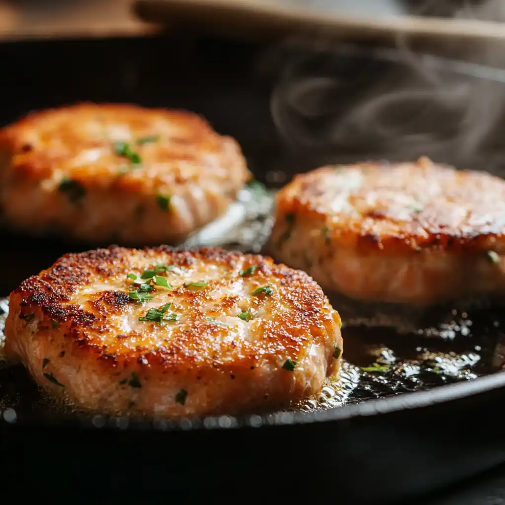 Salmon patties frying in a skillet with a golden crust