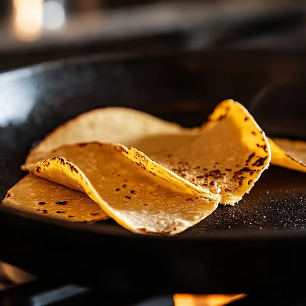 Three taco shells being cooked in a cast-iron skillet on a stovetop